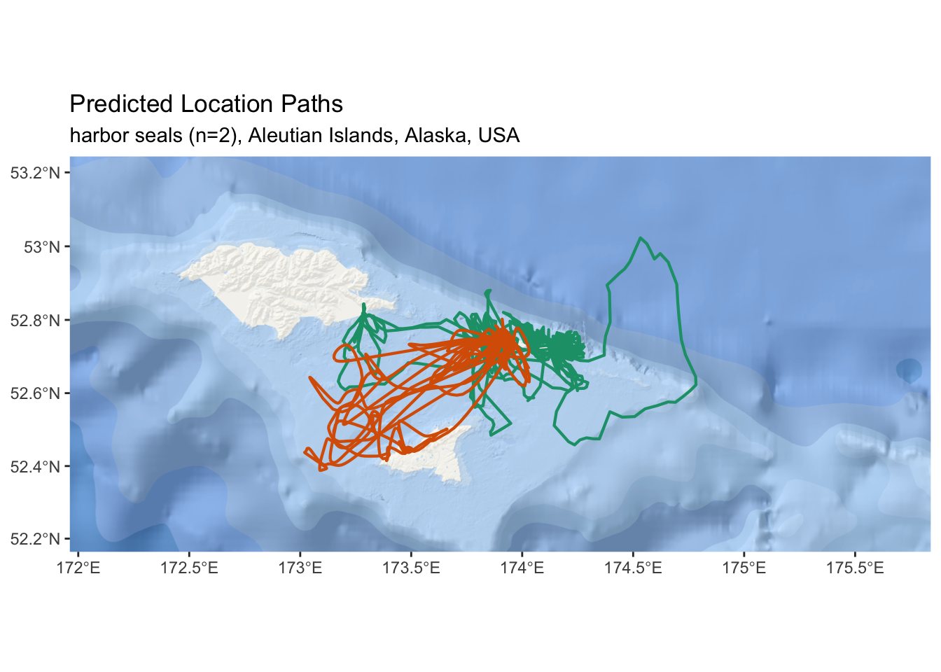 An interactive map of predicted tracks from two harbor seals in the Aleutian Islands.