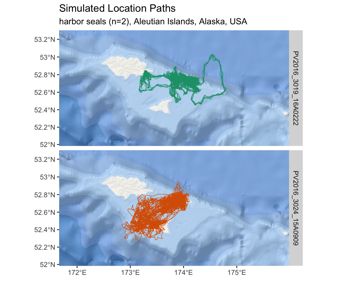 An interactive map of simulated tracks from two harbor seals in the Aleutian Islands.