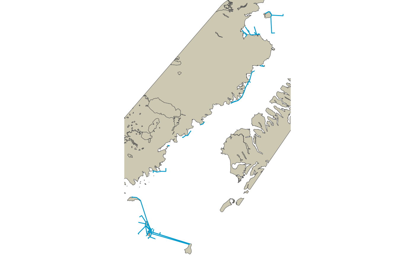 Segments that were identified to cross land have been re-routed along the shortest path throught visibility network