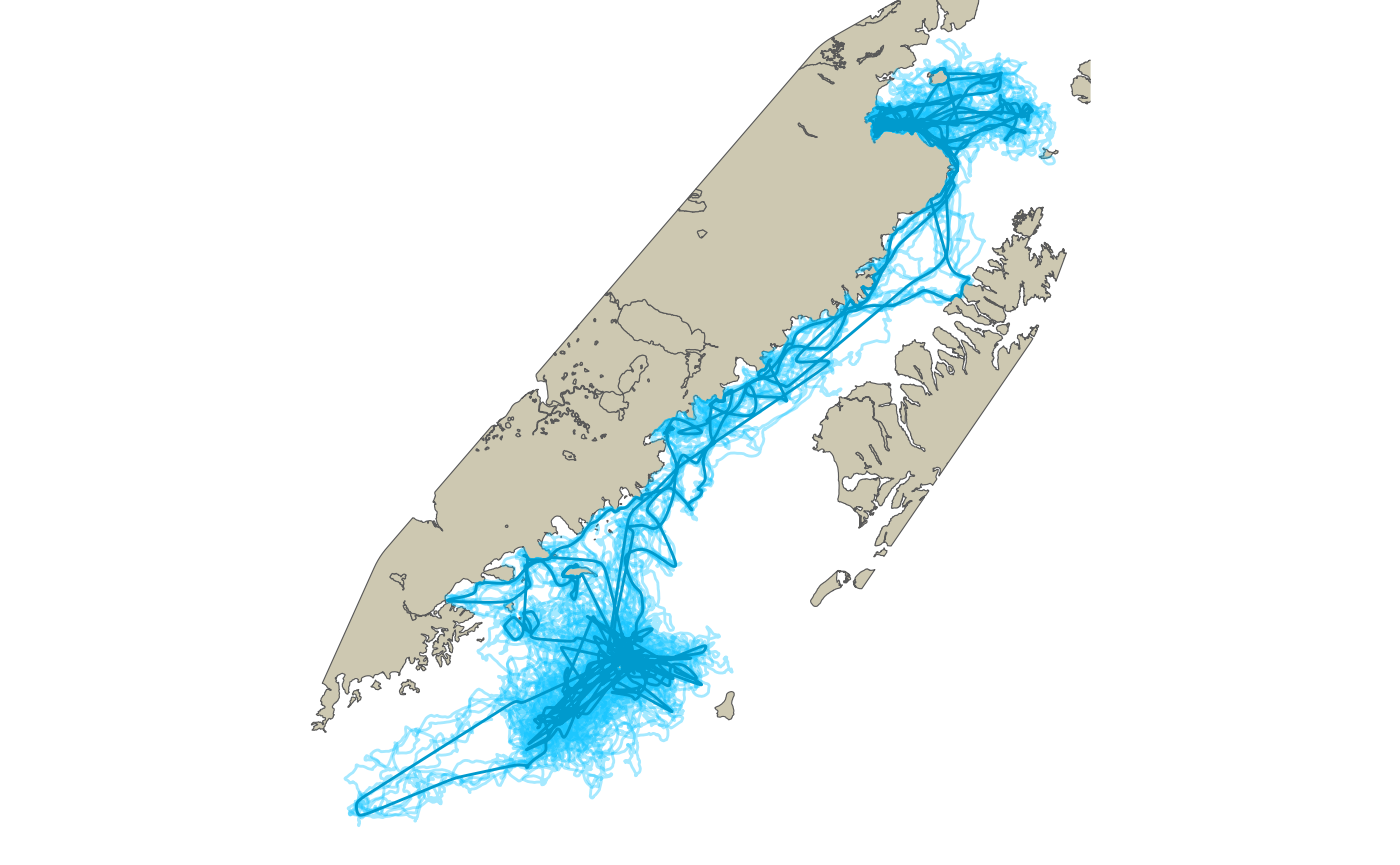 Five imputed paths are shown along with the predicted most likely path after re-routing around the land barrier.